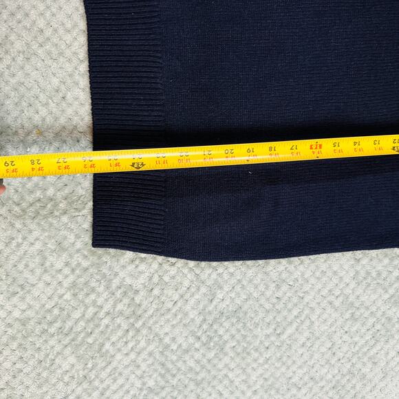 Vtg ORVIS Navy Blue Brown Leather Sherpa Collar Wool Blend Quarterzip Sweater - Picture 5 of 6